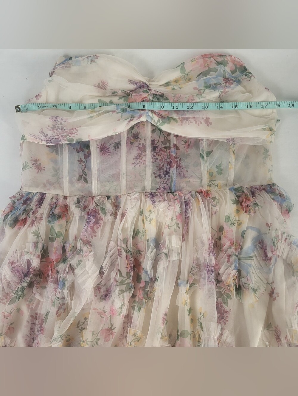 Faeriesty Ruched Bustier Ruffle Trim Hem Floral Print Tube Maxi Dress Size 1XL - Picture 12 of 16